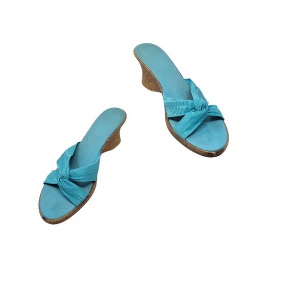 Vtg Vegan Handmade Italian Wedge Sandals Sz 10 Aqua Knotted Open Toe Resort - Picture 1 of 11